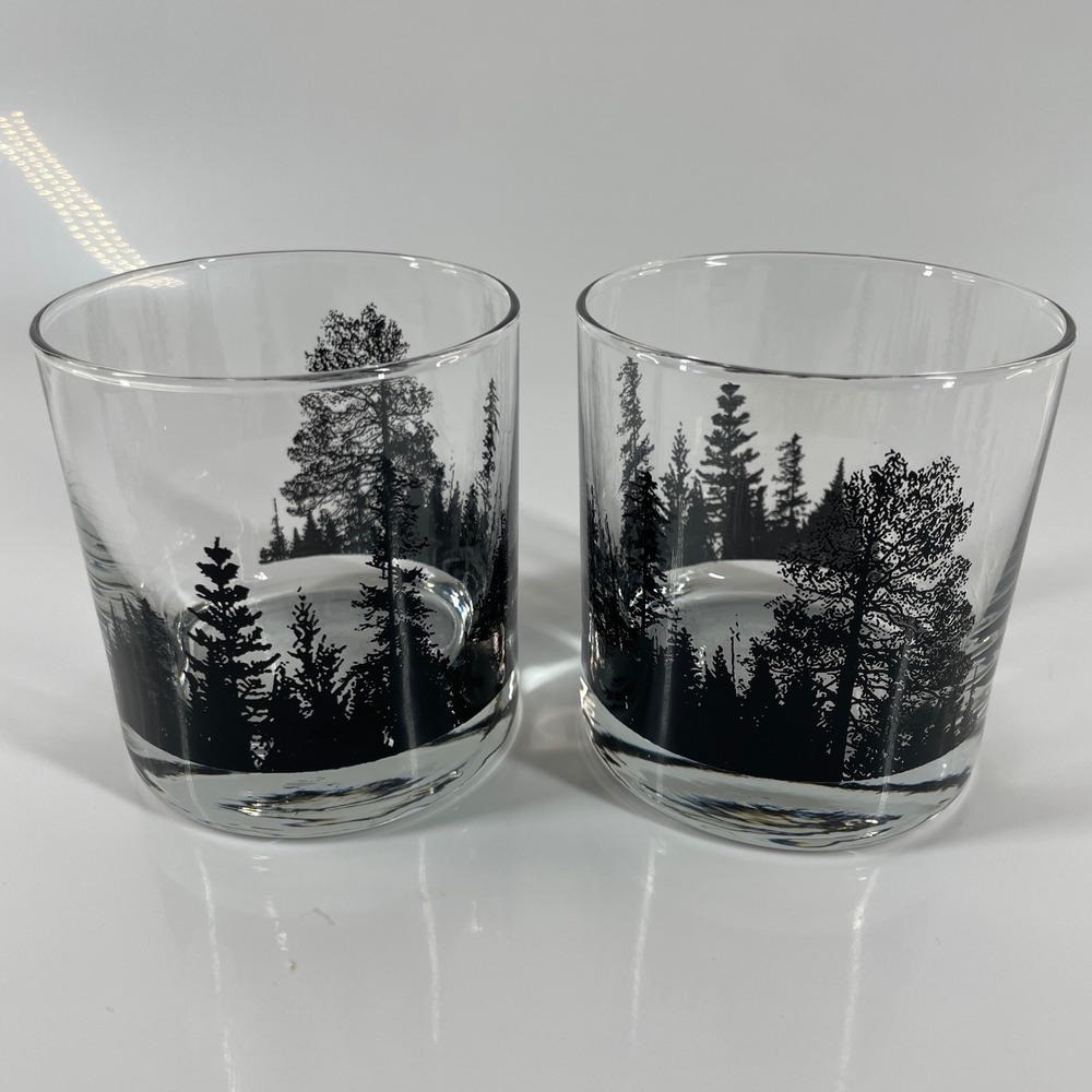 Black Lantern Forest 11oz Whiskey Glasses Set of 2 Forest Tree Silhouette Rocks